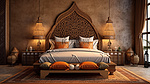 华丽的中东卧室的 3D 渲染，配有华丽的木雕和宏伟的木制床头板