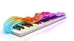 彩色抽象钢琴键盘，白色背景 3D 设计上带有波浪图案