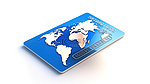 白色背景下医疗保险卡的 3D 渲染，背景为地球仪，象征全球健康保险