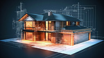 房屋装修正在进行中 3D 渲染，带有能源图表蓝图和其他相关文件
