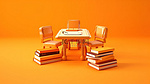 探索充满活力的橙色背景下的教育世界 3D 教科书和儿童学习桌