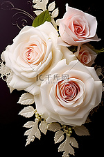 两朵白玫瑰压在一起，放在一张粉红色的卡片上