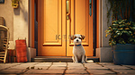 一只忠诚的狗在前门等待的 3d 渲染