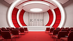 现代会议厅的 3D 渲染，配有红色窗帘舞台和白色红色椅子