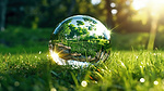 绿色田野上的地球水晶球，在 3D 渲染的特写视图中具有反射光