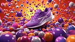 充满活力的紫色背景与 3D 渲染的腿跑鞋和健身装备在彩色球中