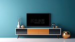 简约房间柜子上电视的当代 3D 渲染，背景是深蓝色墙壁
