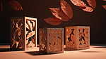 三个立方体形状的木制讲台模板的高级照片，在 3D 渲染中带有叶子阴影