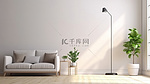 现代落地灯通过白墙模拟背景和 3D 渲染增强了无家具的客厅空间