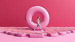 诱人的甜甜圈，一个在跑步机上跑步的健身困境者，在粉红色背景下进行 3D 渲染
