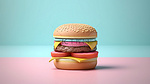 柔和的蓝色背景与 3d 最小粉色芝士汉堡