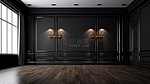 时尚的黑墙豪华客房，配有木地板 3D 渲染