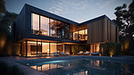 黄昏 3d 渲染中带花园和游泳池的令人惊叹的现代别墅