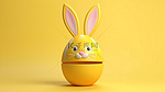 亮黄色背景下兔耳复活节彩蛋的 3D 渲染