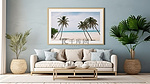1 舒适家庭室内背景的 3D 插图，带有汉普顿风格的沿海设计室和模型框架
