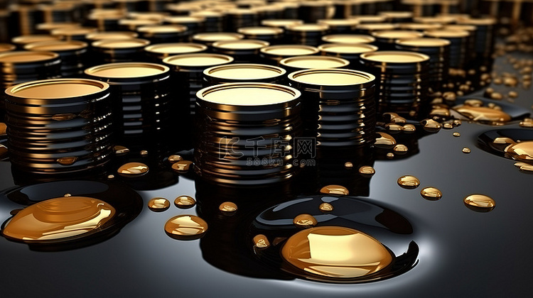黑桶上闪亮的金币和证券,带有油滴 3D 渲染背景图片免费下载_海报banner/高清大图_千库网(图片编号6850679)