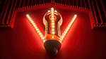 红色剧院幕布背景的电影灯泡刻字的 3D 渲染