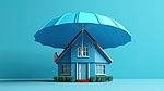 房地产横幅背景的 3D 插图显示受伞式担保贷款保护的房屋