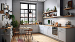 3D 渲染的小厨房设计，配有白色橱柜和阁楼风格的时尚灰色墙壁