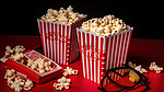 电影之夜浪漫红色条纹盒子，配有爆米花和 3d 眼镜