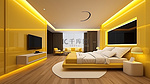 酒店内带电视的豪华黄色卧室套房的令人惊叹的 3D 渲染