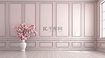 简约别致的房间布置稀疏，配有现代粉色墙板金属花瓶干燥植物和令人惊叹的 3D 白色木地板