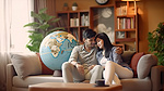 年轻的印度夫妇使用 3D 地球模型在舒适的沙发上计划即将到来的假期