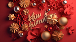 圣诞快乐 3D 渲染红色表面装饰着雪花糖果铃圣诞球和金饰