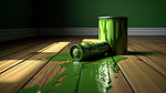 绿色油漆从罐子里倒到木地板上，附近有一个油漆滚筒，在以 3D 数字渲染的房屋轮廓中