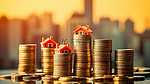 3D 插图房子堆在硬币上象征着房地产价格上涨