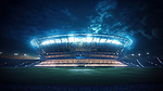 夜间足球场是一个通过 3D 建模和渲染而栩栩如生的虚拟体育场