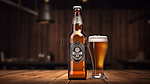 啤酒瓶的 3D 渲染，搭配木质背景和样机海报标签