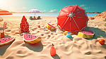 夏日乐趣海滩的 3D 渲染与太阳救生圈球冰淇淋冷饮太阳伞和西瓜