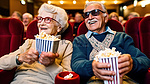一对老年夫妇戴着 3D 眼镜享用爆米花