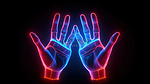 当代 3D 艺术作品，以一双霓虹灯照亮的手为特色