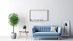 现代 3D 渲染蓝色家具与家居室内白墙的搭配，带有模拟框架