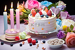 蛋糕和其他食品放在生日快乐卡旁边