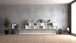 时尚简约的房间，配有灰色图案墙木地板现代椅子书桌和书架，以 3D 渲染