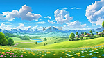 春夏季节草甸山地卡通乡村景观和蓝天云旗的 3D 渲染