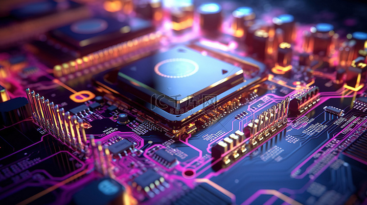 现代 GPU 卡的详细 3D 渲染,特写视图中带有彩色电路灯背景图片免费下载_海报banner/高清大图_千库网(图片编号6758871)