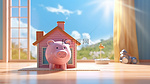 3D 插图的家庭与存钱罐储蓄房地产