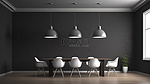 时尚的会议空间，采用简约设计，悬挂白灯灰色墙壁和木地板 3D 渲染