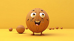 黄色背景上拿着篮球和棕色鸡蛋的人物吉祥物的 3D 渲染