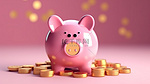 欢快的金币在 3D 渲染中填充微笑的粉红色存钱罐