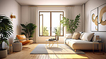 现代通风的 3D 渲染图，展示了一间配有空调的公寓中明亮的客厅