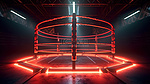 夜间 3D 渲染的拳击场，设有聚光灯照明的环，周围环绕着绳索