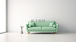 干净的白墙背景上清新凉爽的薄荷沙发，配有木地板 3D 渲染