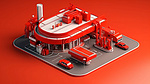 平面设计中汽车加油站的 3D 模型红色隔离背景顶视图