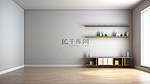 时尚宽敞的房间，采用简约设计，配有架子和橱柜白色和灰色墙壁以及优雅的木地板 3D 渲染