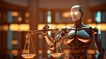 具有正义尺度的人工智能机器人的 3D 渲染象征着网络法和互联网监管